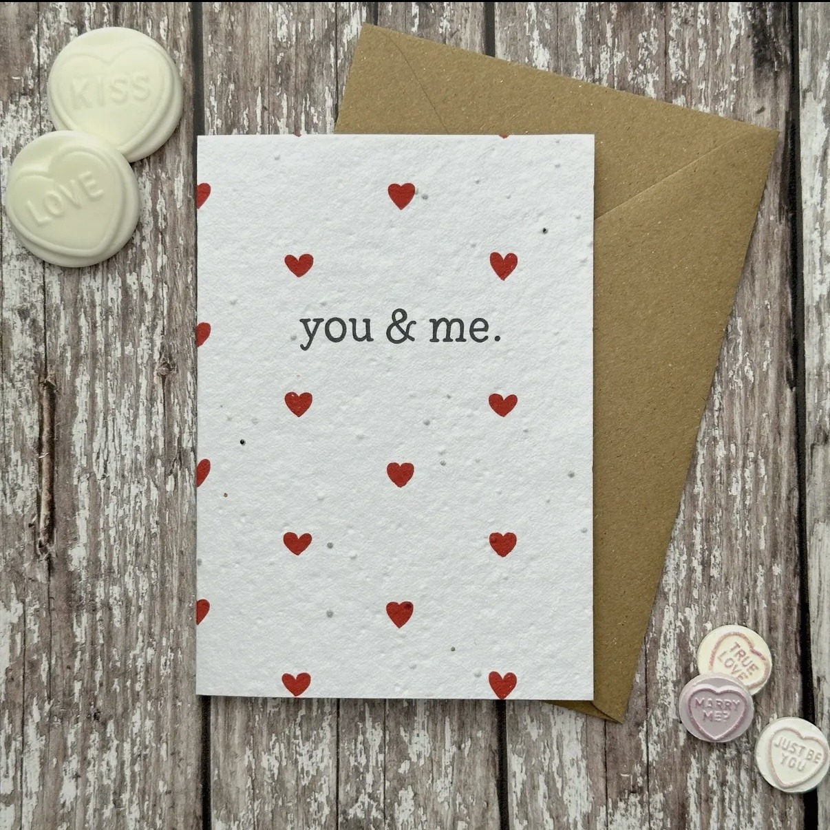 Plantable greetings card with hearts on