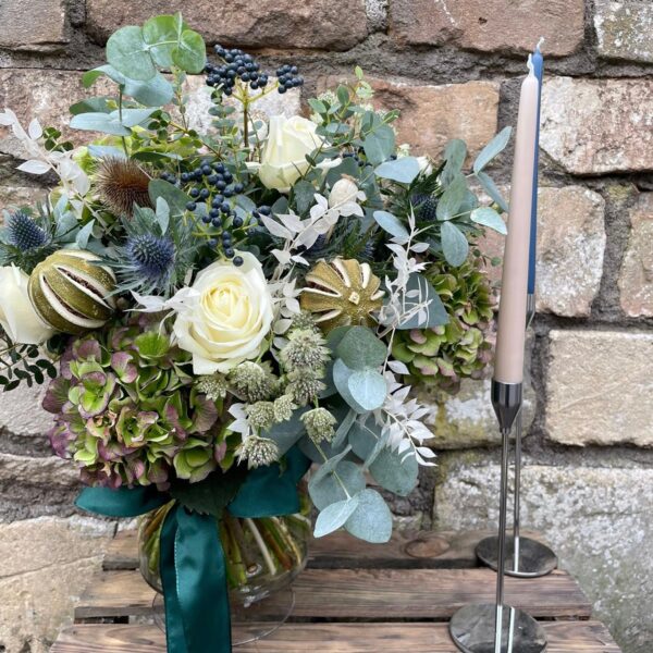 Christmas floral arrangement - white and green blooms