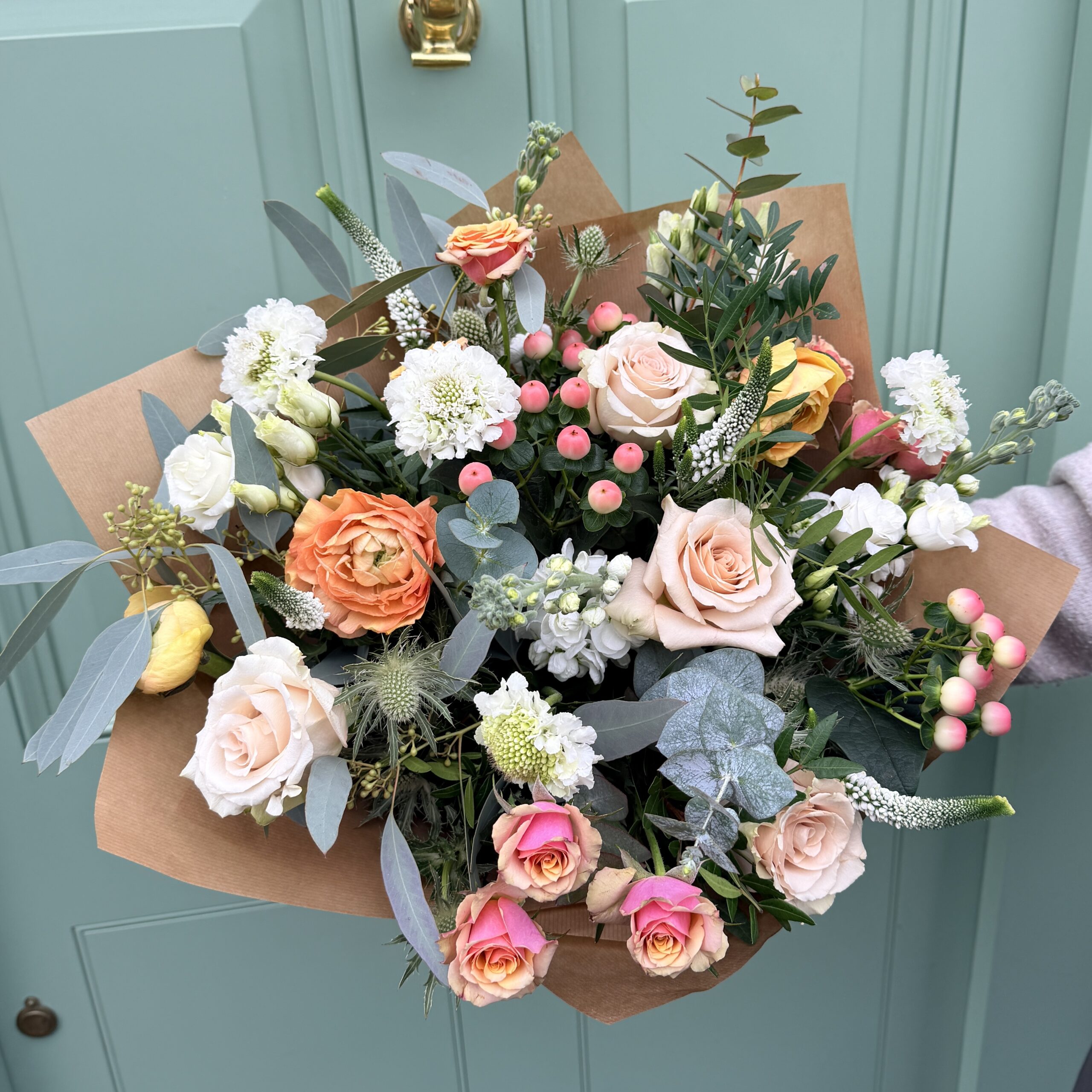 Peach, Ivory, Green tones