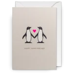 Happy Anniversary Card with two penguins on the front and a heart in between