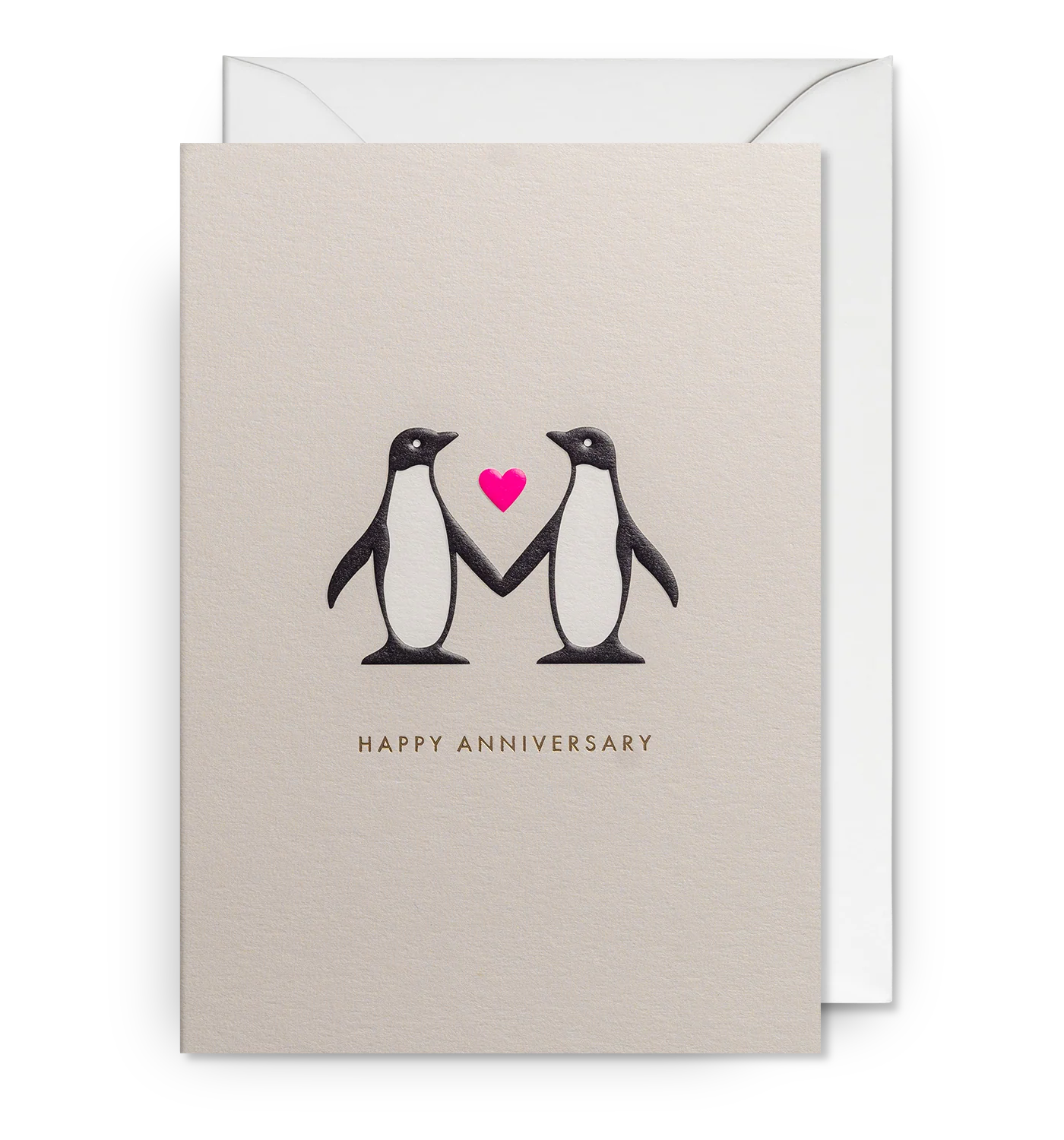 Happy Anniversary Card with two penguins on the front and a heart in between