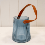 Blue glass lantern vase with brown strap handle